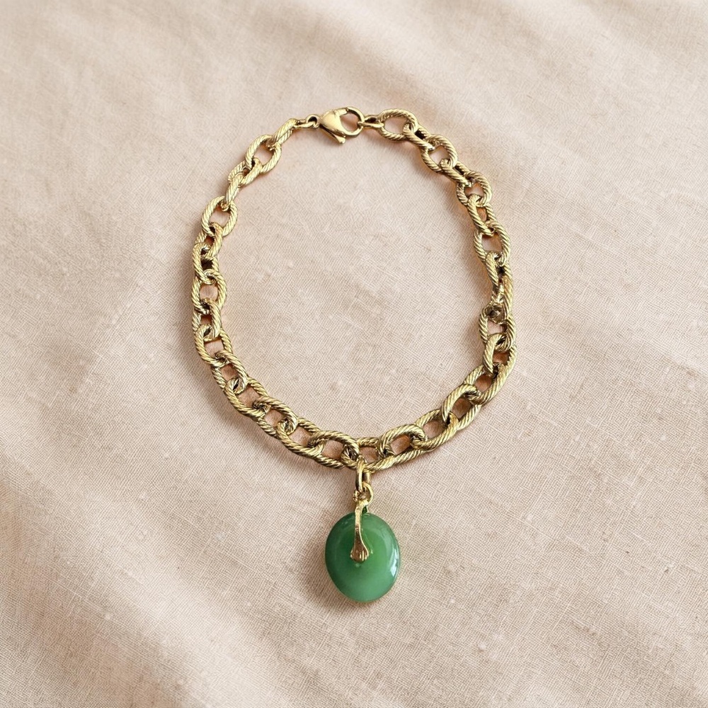 Elegant Gold Chain Bracelet with Green Jade Inspired Pendant